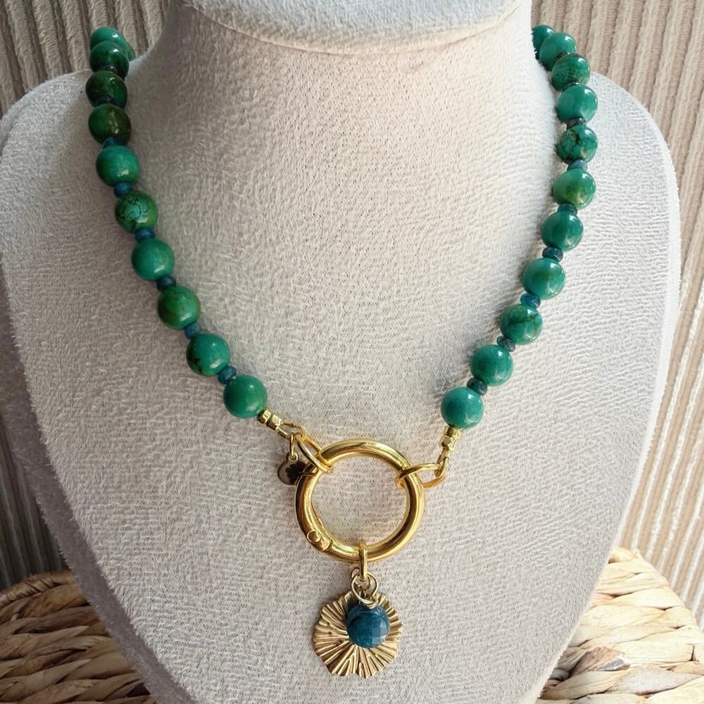 19.5" Beaded Gemstone Necklace, Turquoise Mangasite, Neon Blue Apetite, Charms